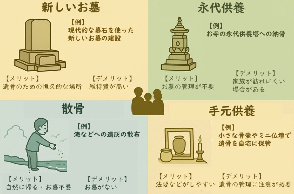 閉眼供養後の供養方法比較:新しいお墓、永代供養、散骨、手元供養の特徴とメリット・デメリットを解説