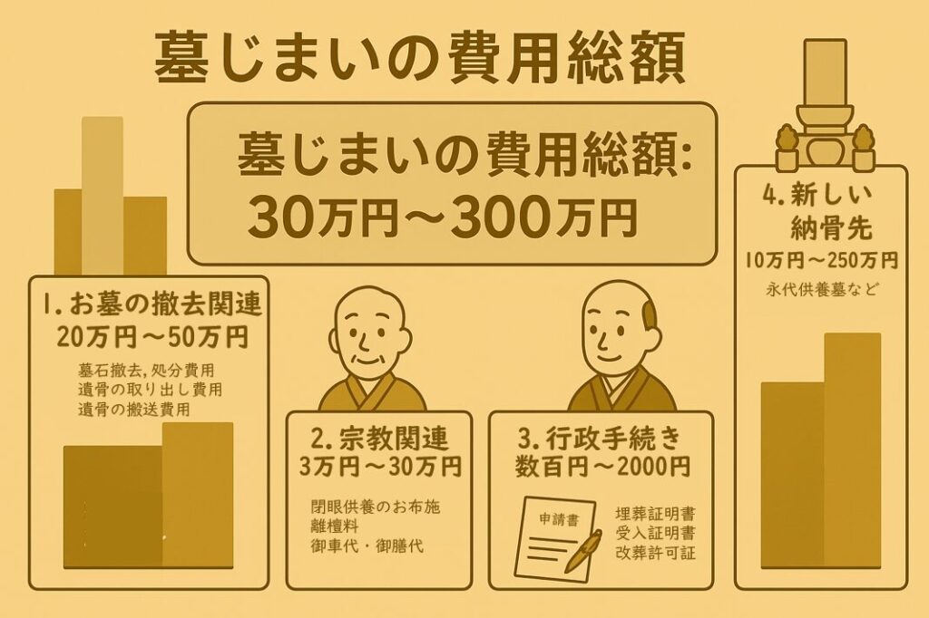 墓じまいの費用内訳図:お墓の撤去費用20~50万円、宗教関連費用3~30万円、行政手続き費用~2,000円、新納骨先費用10~250万円