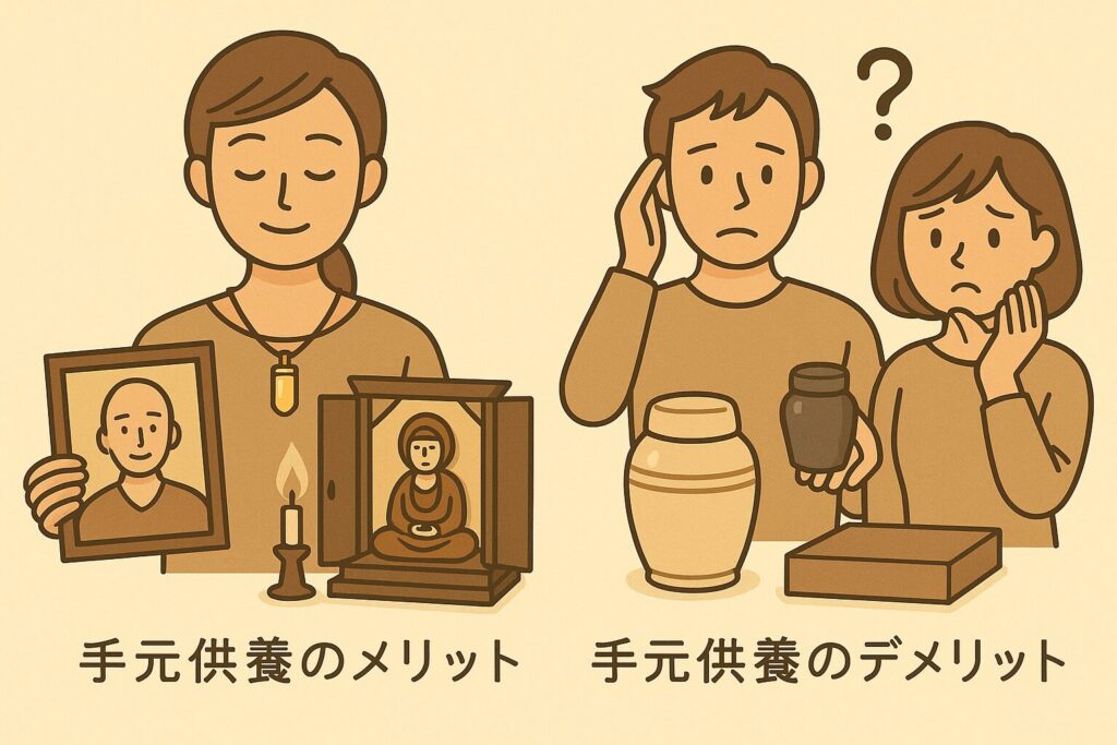 手元供養の長所と短所:故人を身近に感じられる安心感と将来の管理に関する課題を比較したイラスト
