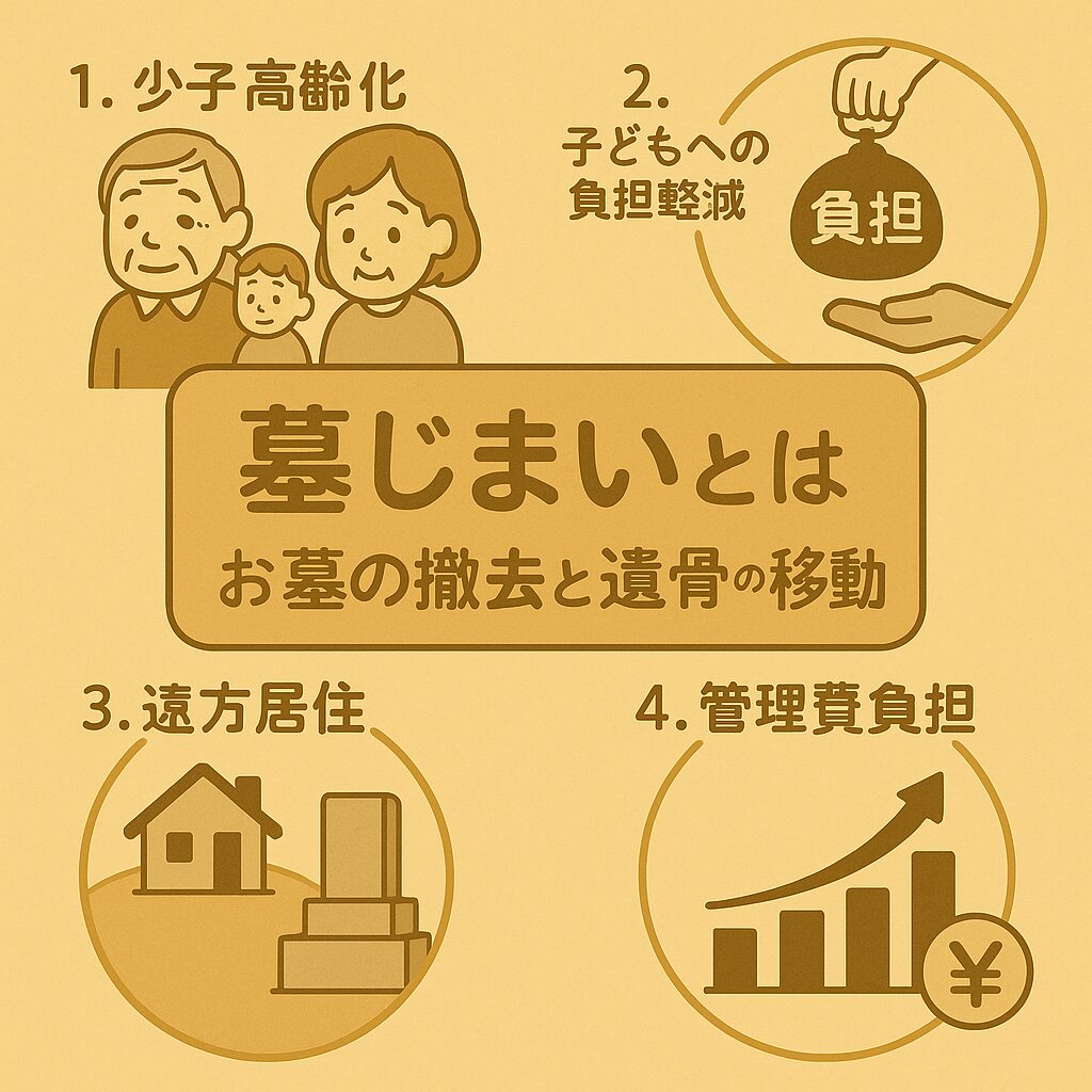 墓じまいとは何か:お墓の撤去と遺骨移動の説明図と、少子高齢化、子どもの負担軽減、遠方居住、管理費の4つの増加理由