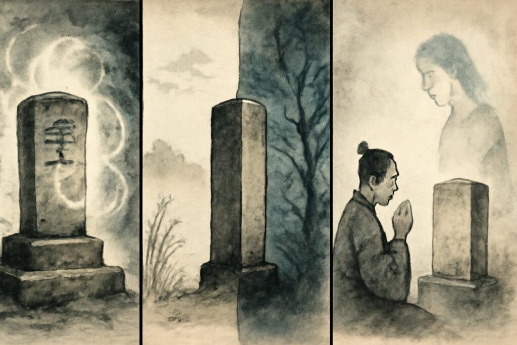 墓石の持つ三つの神聖な役割を表現したイラスト:霊力を持つ墓石、あの世とこの世を分ける境界石、死者と対話するための石を視覚的に説明