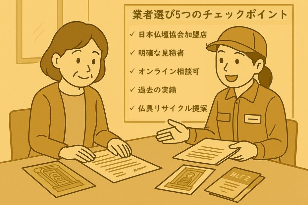 仏壇処分業者との相談場面と信頼できる業者を選ぶための5つのチェックポイント