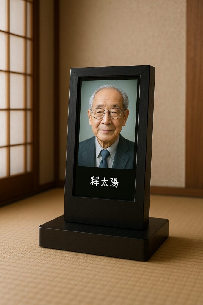 液晶画面に故人の写真と戒名を表示するモダンなデジタル位牌