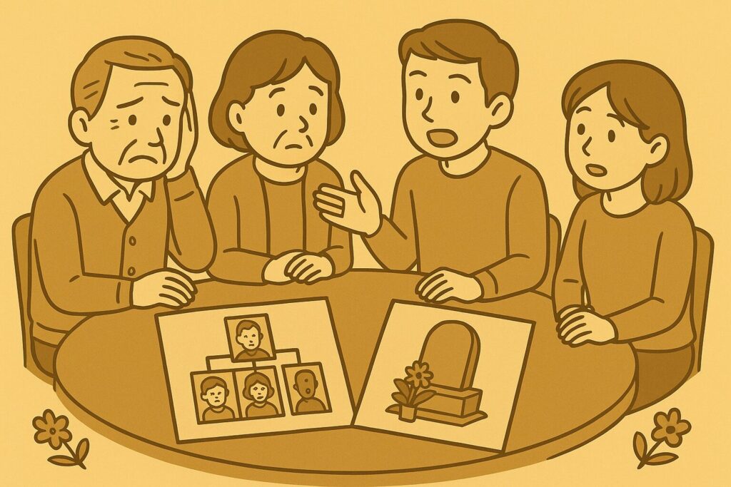 墓じまいの相談をしている家族会議の状況