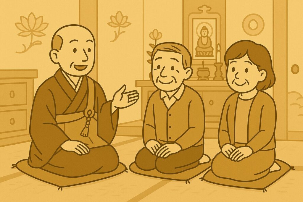 墓じまいについて僧侶に相談している画像