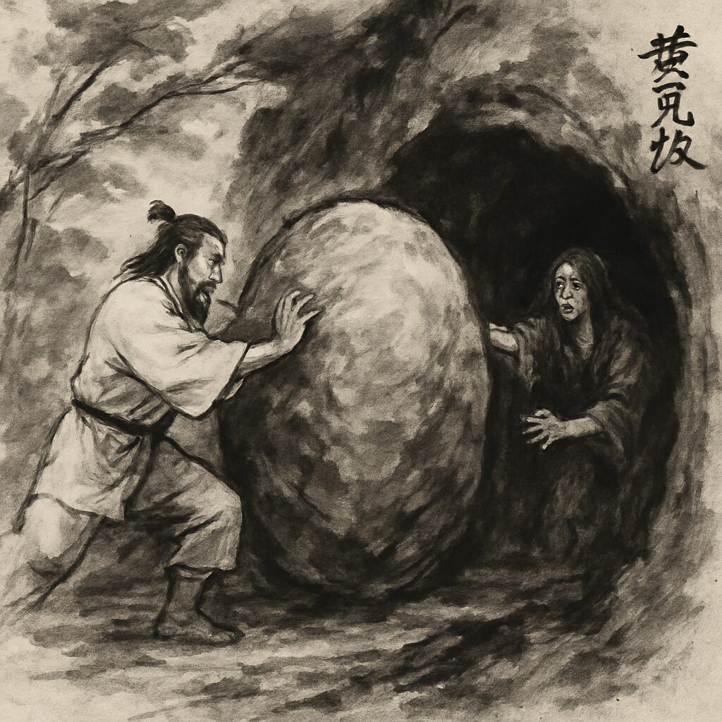 日本神話のイザナギが黄泉の国の入口を千引石で塞ぐ神聖な場面。日本の墓石文化の起源とされる重要な神話的瞬間を描写