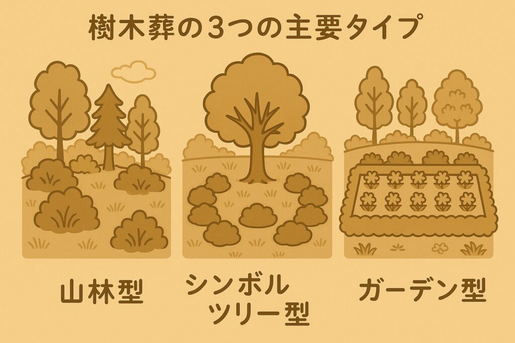 樹木葬の主な3タイプ(山林型、シンボルツリー型、ガーデン型)の比較イラスト