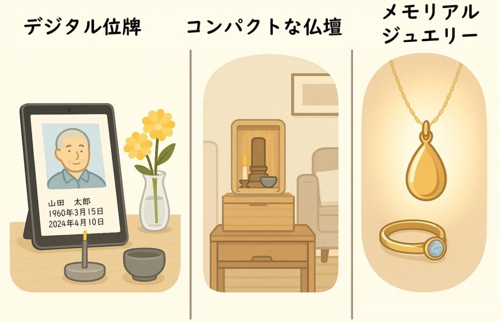 現代の新しい供養形態:デジタル位牌、コンパクトなミニ仏壇、メモリアルジュエリーの3つの選択肢を示すイラスト