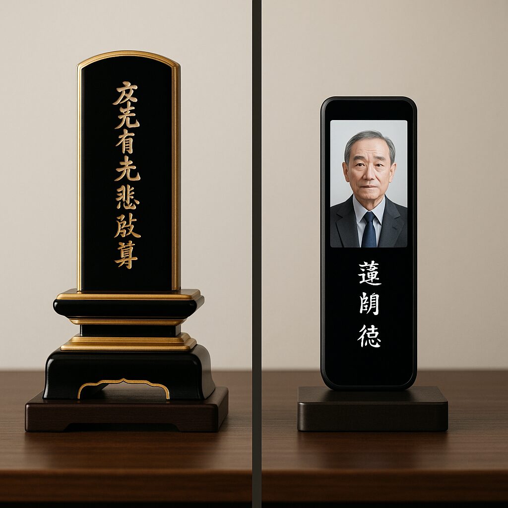 伝統的な木製位牌とデジタル位牌の比較図。左側に黒塗りの本位牌、右側に液晶画面付きのデジタル位牌